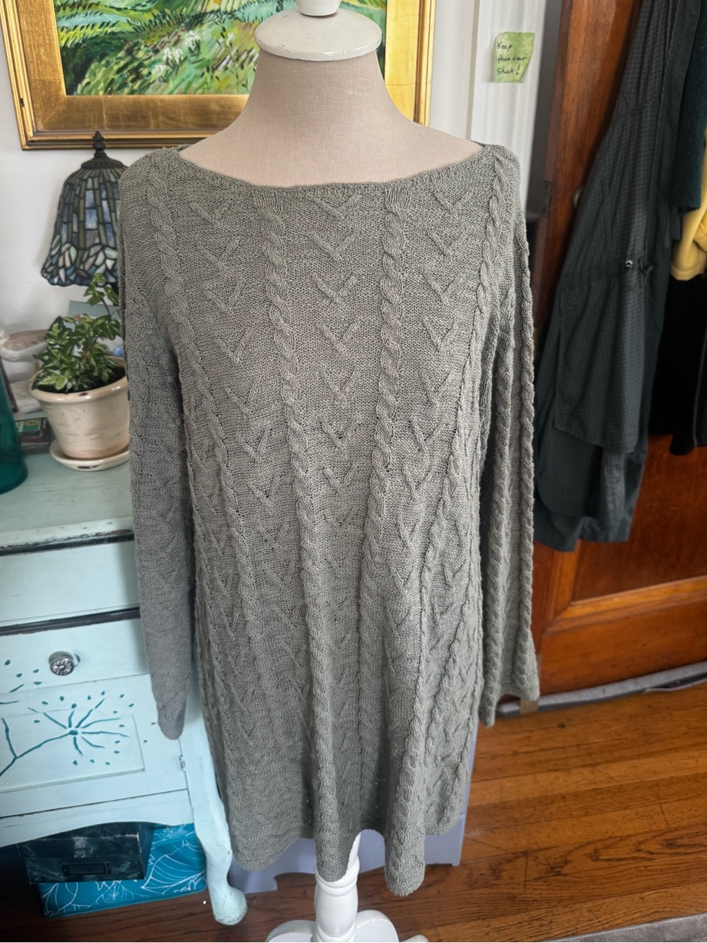 J. Jill Gray Green Cable Knit Boatneck Sweater XL Cotton Blend VGUC Fall
